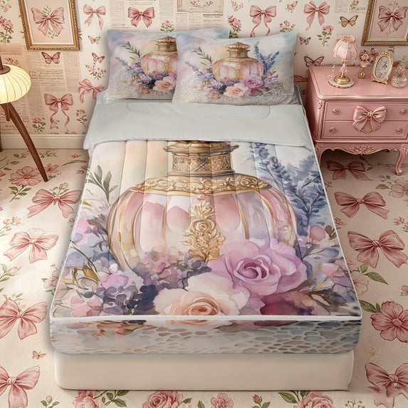 Castle Fairy Floral Perfume Print Zipper Twin Comforter Sets with Fitted Sheet and 2 Pillowcases,Vintage Watercolor Flowers Pattern Zipper Bedding Set,Pink Purple,Grey Reversible,4-Piece