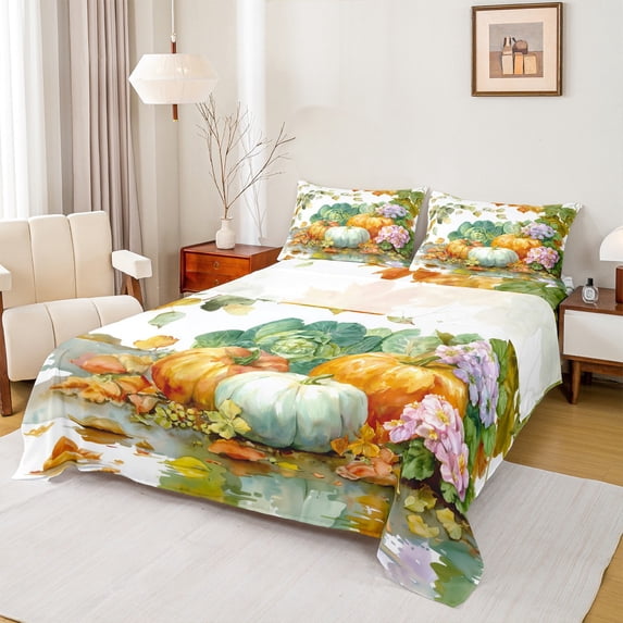 Castle Fairy Floral Pumpkin 4-Piece Full Size Sheets,Botanical Plants Bed Sheets,Autumn Harvest Lightweight Sheet Sets,Microfiber Teenager Bedroom Decor