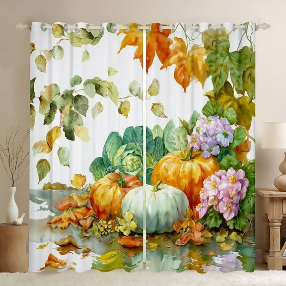 Castle Fairy Floral Pumpkin Curtains Pack of 2 (42x84 Each),Botanical Plants Curtains Blackout,Autumn Harvest Bedroom Curtains,Microfiber Teenager Bedroom Decor