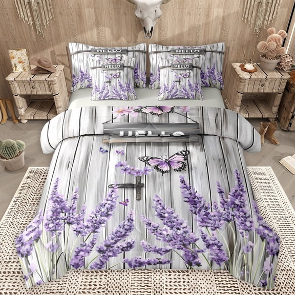 Castle Fairy Floral Purple Lavender Twin Bedding Sets 7-Piece for Boys Girls,Flying Butterflies Bedding Comforter Set Microfiber,Old Barn Door Breathable Sheet Sets,Lightweight Room Decor,Reversible