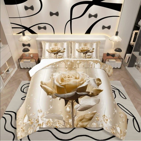 Castle Fairy Floral Rose 2pcs Bedding Comforter Set,Sparkling Crystal Twin Comforter Sets,Bling Splash Sequin Breathable Bedding Set,Microfiber Girls Bedroom Decor