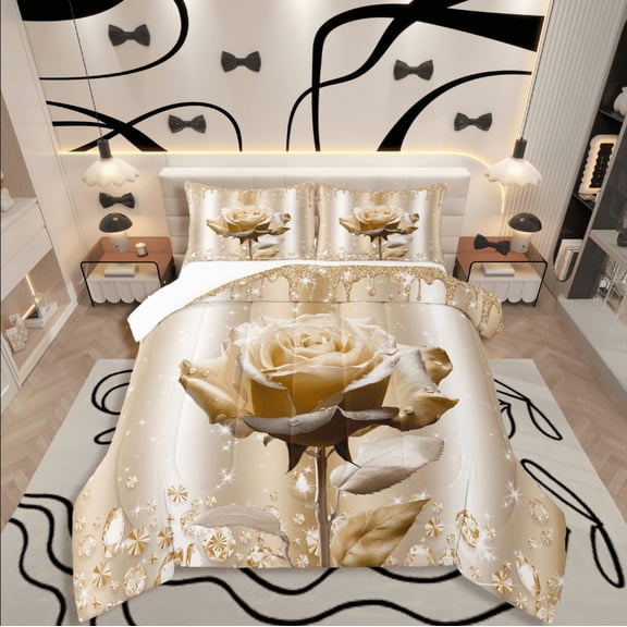 Castle Fairy Floral Rose 3 Pieces Queen Comforter Set,Sparkling Crystal Ultra Soft Bedding Sets,Bling Splash Sequin Bedding Comforter Set,Microfiber Girls Bedroom Decor