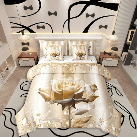 Castle Fairy Floral Rose 7-Piece Bedding Comforter Set,Sparkling Crystal King Bedding Sets,Bling Splash Sequin Ultra Soft Bed Sheets,Microfiber Girls Bedroom Decor