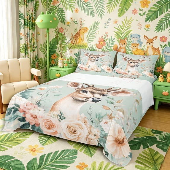 Castle Fairy Floral Rose Animal Deer Bed Sheets 4-Piece,Watercolor Wildlife Flowers Full Size Sheets,Sage Pink Cream,1 Fitted Sheet, 1 Flat Sheet and 2 Pillowcases