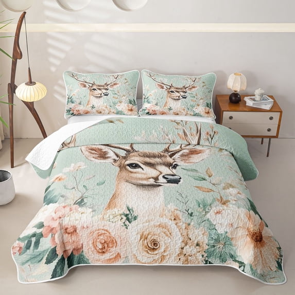 Castle Fairy Floral Rose Animal Deer Quilt King,Watercolor Wildlife Flowers King Coverlet Set,Sage Pink Cream