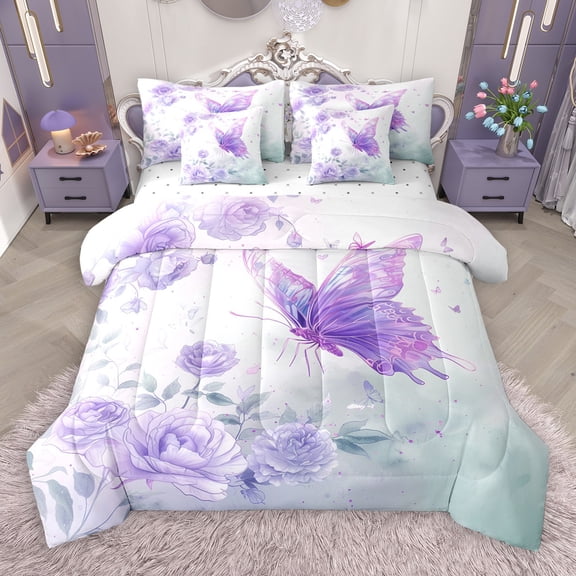 Castle Fairy Floral Rose Butterfly 7 Pieces Bedding Comforter Set for Women Girls,Green Purple Full Bedding Set Lightweight,Dreamy Princess Fitted Sheet Flat Sheet,Ultra Soft Home Decor