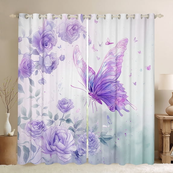 Castle Fairy Floral Rose Butterfly Curtains Pack Of 2 (42X84 Each) for Women Girls,Green Purple Curtains Blackout,Dreamy Princess Bedroom Curtains,Ultra Soft Home Decor
