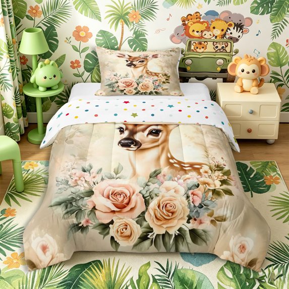 Castle Fairy Floral Rose Deer Twin Comforter Sets 2pcs,Watercolor Flowers Animal Bedding Set,Blush Cream Beige,Reversible,1 Comforter and 1 Pillowcase