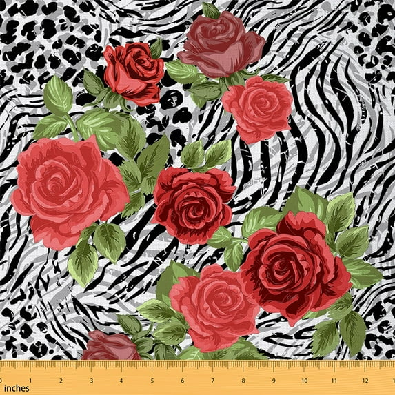 Castle Fairy Floral Rose Fabric by the Yard 2 Yard,Zebra Leopard Print Sewing Fabric,Exotic Style Home Decor Fabric by the Yard,Luxury Teens Bedroom Decor
