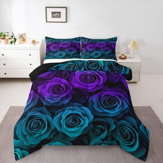 Castle Fairy Floral Rose Full Size Comforter Sets,Romantic Gradient Flower Bedding Sets