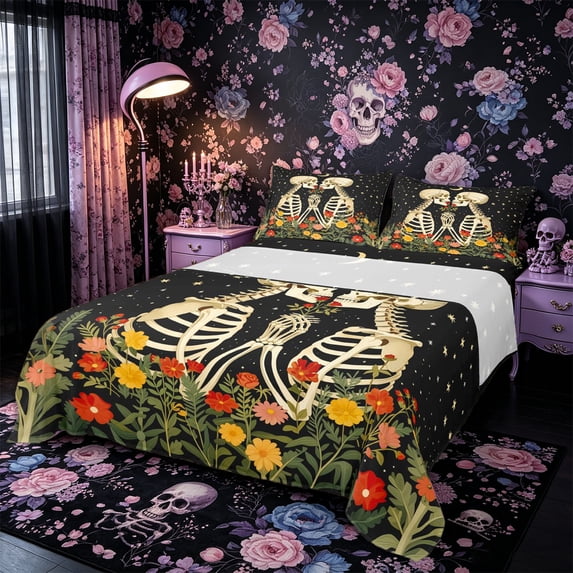 Castle Fairy Floral Skeleton Couple Bed Sheets 4-Piece,Romantic Gothic Valentine Full Size Sheets,Cream Black,1 Fitted Sheet,1 Flat Sheet and 2 Pillowcases