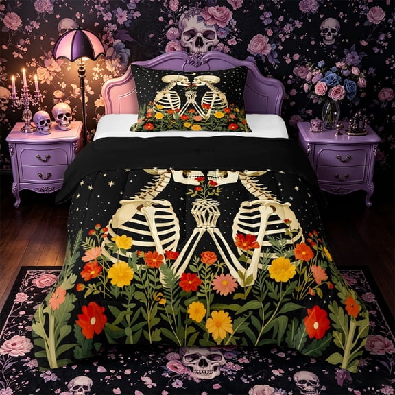 Castle Fairy Floral Skeleton Couple Twin Comforter Sets 2pcs,Romantic Gothic Valentine Bedding Set,Cream Black,1 Comforter and 1 Pillowcase,Black Reversible