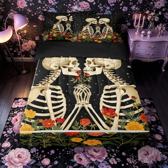 Castle Fairy Floral Skeleton Couple Zipper Queen Comforter Set with Fitted Sheet and 2 Pillowcases,Romantic Gothic Valentine Zipper Bedding Set,Cream Black,4 Pieces,Black Reversible