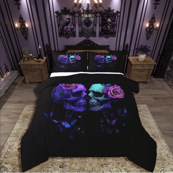 Castle Fairy Floral Skull 3-Piece Full Size Gothic Style Flower Butterfly Gradient Comforter Set