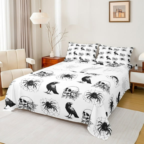 Castle Fairy Floral Skull 4-Piece Full Size Sheets,Black Crow Bed Sheets,Spider Web Lightweight Sheet Sets,Ultra Soft Gothic Home Decor