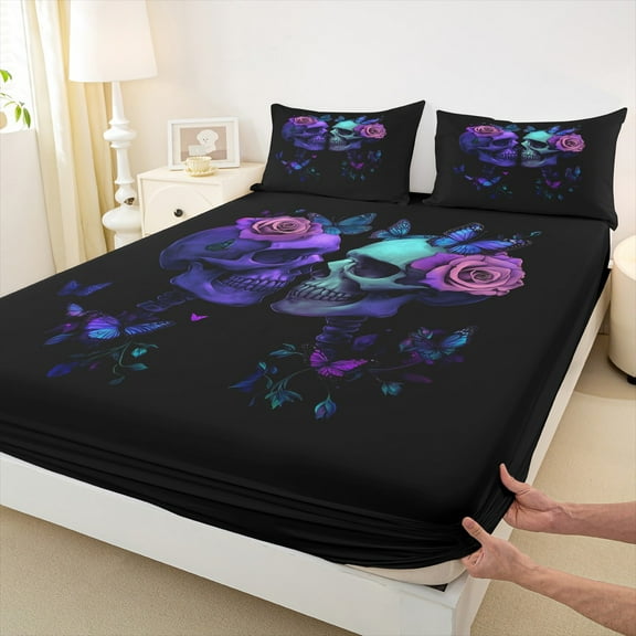 Castle Fairy Floral Skull 4-Piece Full Size Sheets,Gothic Style Bed Sheets,Flower Butterfly Lightweight Sheet Sets,Ultra Soft Gradient Home Decor