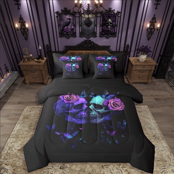 Castle Fairy Floral Skull 7-Piece Bedding Comforter Set,Gothic Style King Bedding Sets,Flower Butterfly Ultra Soft Bed Sheets,Ultra Soft Gradient Home Decor,Reversible