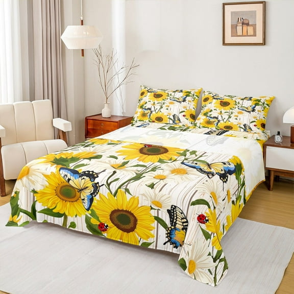 Castle Fairy Floral Sunflower 4pcs Bed Sheets,Flying Butterfly King Sheets,Lodge Cabin Super Cozy Sheet Set,Super Cozy Rustic Room Decor