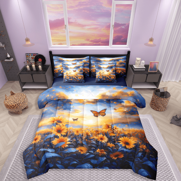 Castle Fairy Floral Sunflower 7-Piece Bedding Comforter Set,Flying Butterfly King Bedding Sets,Blue Orange Ultra Soft Bed Sheets,Super Cozy Flower Room Decor,Reversible