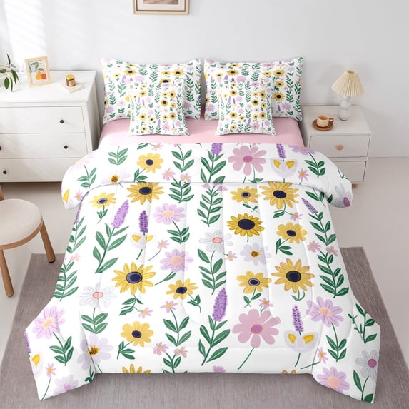 Castle Fairy Floral Sunflower 7-Piece Twin Bedding Sets,Cartoon Flower Bedding Comforter Set,Botanical Plants Breathable Sheet Sets,Ultra Soft Floral Home Decor,Reversible
