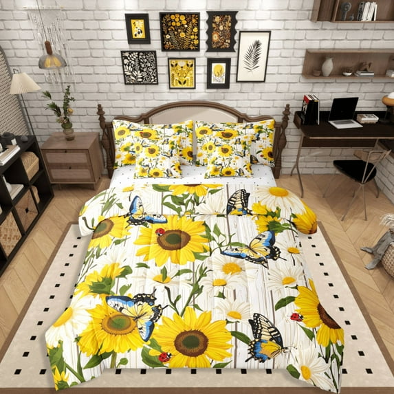 Castle Fairy Floral Sunflower 7-Piece Twin Bedding Sets,Flying Butterfly Bedding Comforter Set,Lodge Cabin Breathable Sheet Sets,Super Cozy Rustic Room Decor