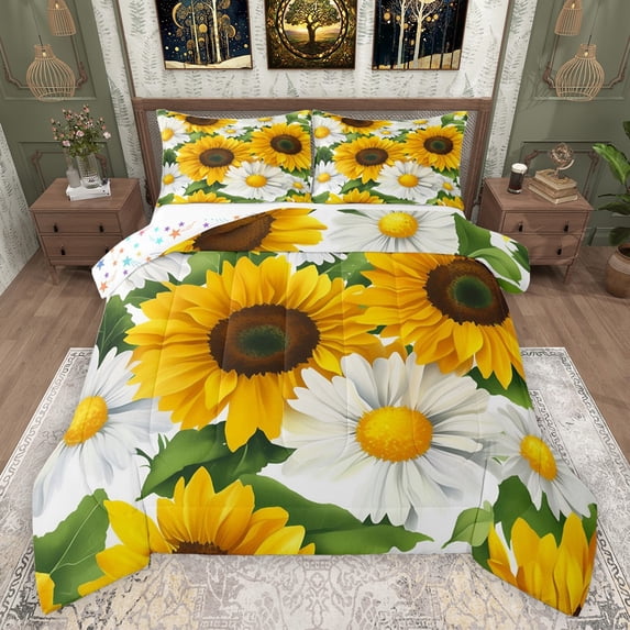 Castle Fairy Floral Sunflowers 3 Pieces Queen Comforter Set for Teens Female Men,Chic Flowers Blossoms Ultra Soft Bedding Sets,Rustic Vintage Aesthetic Bedding Comforter Set Breathable