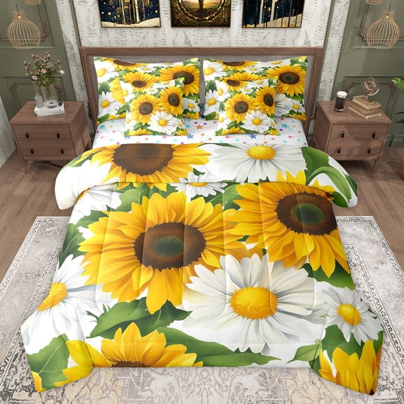 Castle Fairy Floral Sunflowers Bedding Comforter Set 7 Pieces for Teens Female Men,Chic Flowers Blossoms Full Bedding Set Lightweight,Rustic Vintage Aesthetic Fitted Sheet Flat Sheet