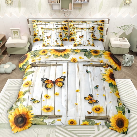 Castle Fairy Floral Sunflowers Bedding Comforter Set 7pcs for Boys Girls,Flying Butterflies Queen Bedding Sets Super Cozy,Old Barn Door Queen Sheet Sets,Lightweight Room Decor,Reversible