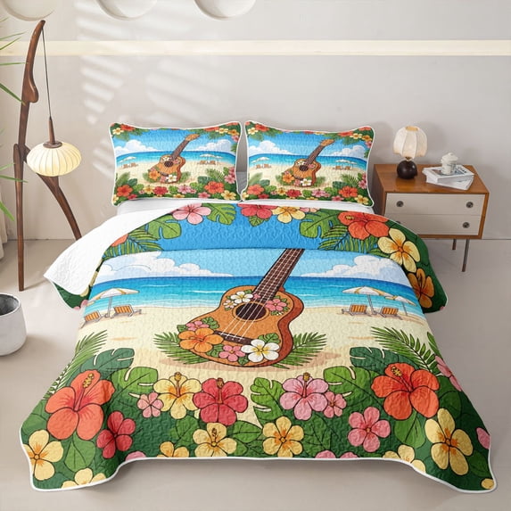 Castle Fairy Floral Ukulele Beach Bed Spread Queen,Hibiscus Palm Summer Coastal Graphic Queen Coverlet Set,Orange Blue