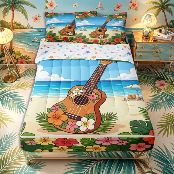 Castle Fairy Floral Ukulele Beach Zipper Queen Comforter Set with Fitted Sheet and 2 Pillowcases,Hibiscus Palm Summer Coastal Graphic Zipper Bedding Set,Orange Blue,Reversible,4 Pieces