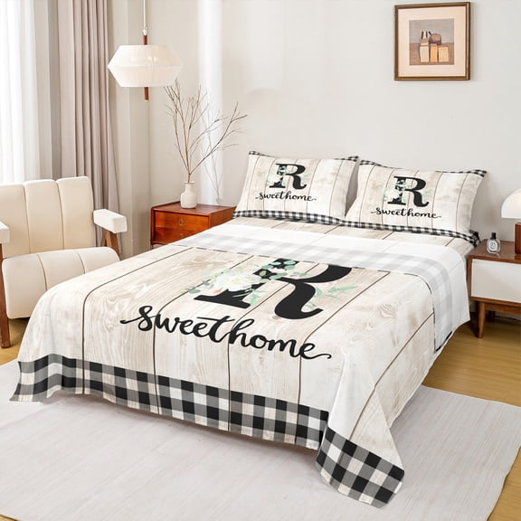 Castle Fairy Flower Alphabet R 4 Pieces Queen Sheet Sets for Teenagers,Rustic Plaid Ultra Soft Flat Sheet,Lodge Cabin Queen Fitted Sheet,Luxury Bedroom Decor