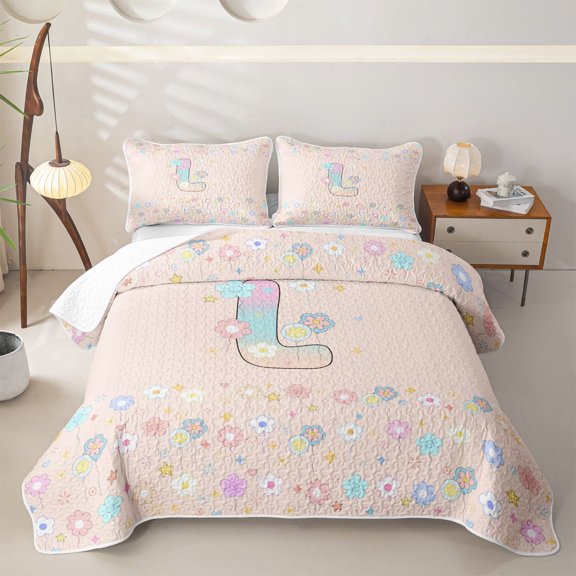 Castle Fairy Flower Balloon Letter L Twin Quilt Set for Girls,Pastel Initial Twin Coverlet Set