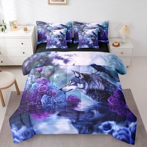 Castle Fairy Flower Crow Wolf King Bedding 7pcs for Teens,Romantic Floral Rose King Bed in a Bag