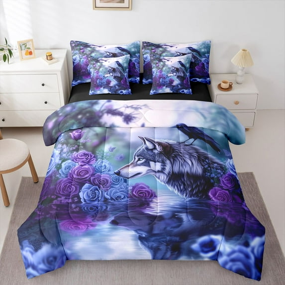 Castle Fairy Flower Crow Wolf King Bedding 7pcs for Teens,Romantic Floral Rose King Bed in a Bag