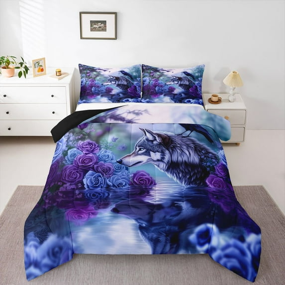 Castle Fairy Flower Crow Wolf Queen Comforter Set,Romantic Rose Bedding Comforter Set