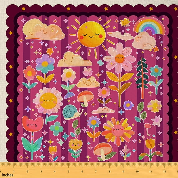 Castle Fairy Flower Rainbow Fabric by the Yard 10 Yards,Cartoon Mushroom Room Decor Fabric by the Yard,Geometric Stripes Fabric for Sewing,Lightweight Room Decor