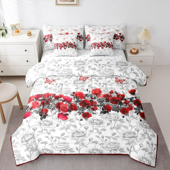 Castle Fairy Flower Rose Bedding Comforter Set 7 Pieces for Female Men Adults,Chic Floral Blossoms Full Bedding Set Lightweight,Grey Red Fitted Sheet Flat Sheet,Breathable Home Decor,Reversible