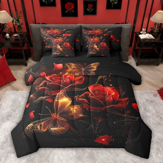 Castle Fairy Flower Rose Romantic Gold Butterfly King Bedding Comforter Set