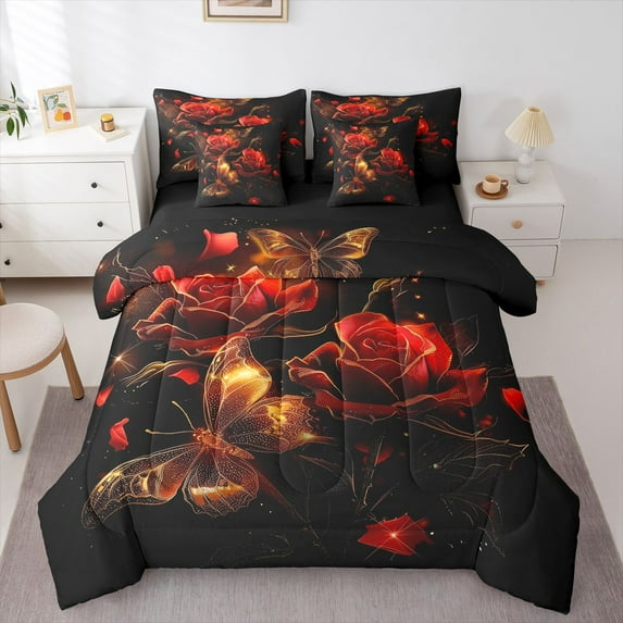 Castle Fairy Flower Rose Bedding Comforter Set,Romantic Gold Butterfly Queen Bedding Sets