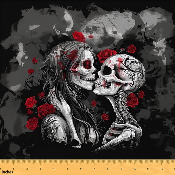 Castle Fairy Flower Skeleton Fabric by the Yard 3 Yards,Gothic Style Sewing Fabric,Valentine's Day Fabric for Sewing,Ultra Soft Home Decor