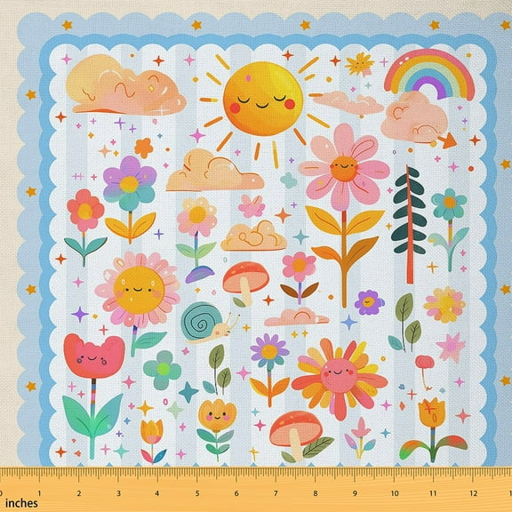 Castle Fairy Flower Sun Fabric by the Yard 2 Yards,Geometric Stripes Room Decor Fabric by the Yard,Rainbow Stars Sewing Fabric,Microfiber Bedroom Decor