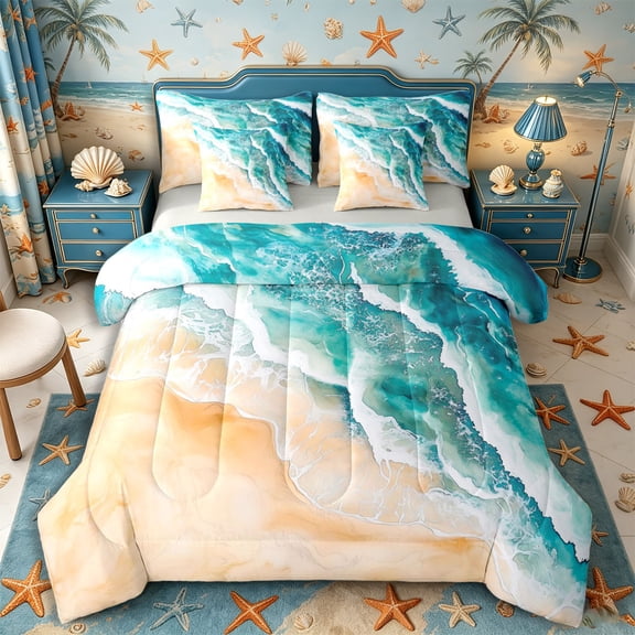 Castle Fairy Fluid Ink Beach Abstract Queen Bedding 7pcs,Swirl Turquoise Wave Sand Painting Bedding Comforter Set Queen,Teal Tan,Grey Reversible