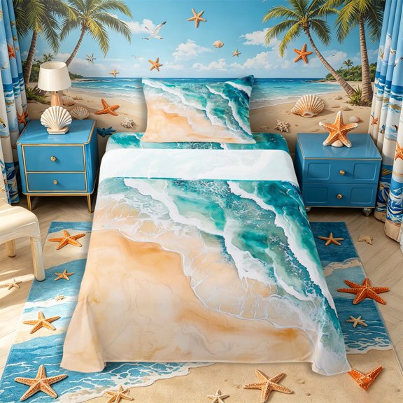 Castle Fairy Fluid Ink Beach Abstract Twin Sheets 3pcs,Swirl Turquoise Wave Sand Painting Bedding,Teal Tan,1 Fitted Sheet,1 Flat Sheet and 1 Pillowcase