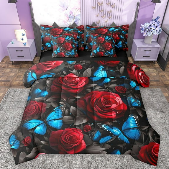 Castle Fairy Flying Blue Butterflies Chic Floral Red Rose Exotic Style 7 Piece Bedding Comforter Set for Teens, King Bedding, Bed Sheets