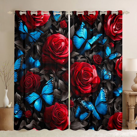 Castle Fairy Flying Blue Butterflies Blackout Curtains Set of 2 (52x84 Each) for Teens,Chic Floral Red Rose Window Curtains,Exotic Style Curtains and Drapes,Lightweight Room Decor