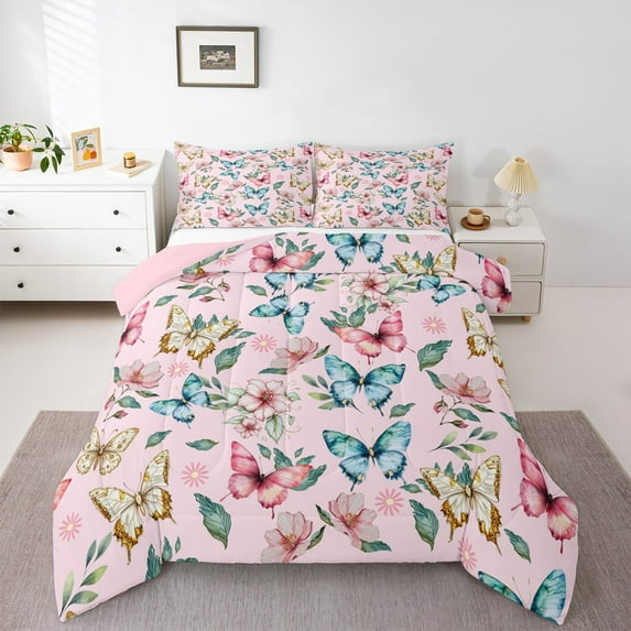 Castle Fairy 3-Piece Queen Size Comforter Set - Butterfly Vintage Flower Watercolor Print