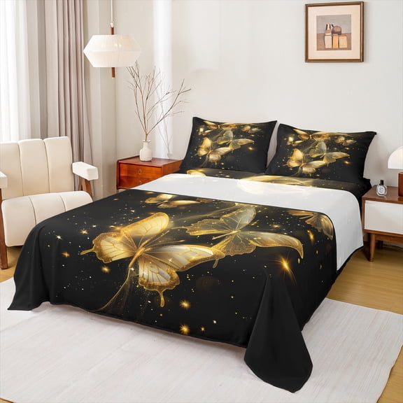 Castle Fairy Flying Butterflies 4Pcs Bed Sheets for Women Men Teens,Golden Glitter King Sheets,Sparkling Sequin Super Cozy Sheet Set,Super Cozy Room Decor