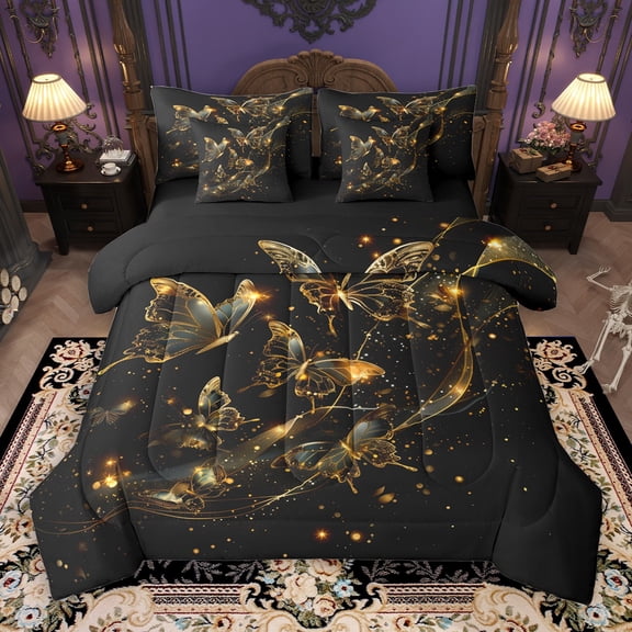 Castle Fairy Flying Butterflies 7-Piece Bedding Comforter Set for Boys Girls Teenagers,Black Golden King Bedding Sets,Bling Glitter Ultra Soft Bed Sheets,Microfiber Bedroom Decor