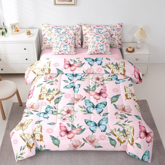 Castle Fairy Flying Butterflies 7Pcs Bedding Comforter Set for Children Women Girls,Vintage Flower Queen Bedding Sets Super Cozy,Watercolor Gradient Queen Sheet Sets,Super Cozy Room Decor