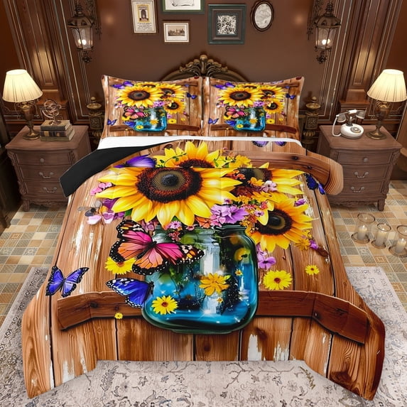 Castle Fairy Flying Butterflies Bedding Comforter Set 2pcs for Boys Girls,Rustic Yellow Sunflowers Twin Comforter Sets Microfiber,Old Barn Door Breathable Bedding Set,Lightweight Room Decor